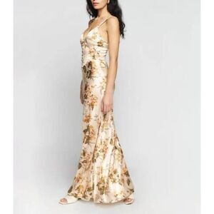 Reformation Esa Silk Dress Size 8 Bella Tan Floral Maxi V Neck‎ Gown